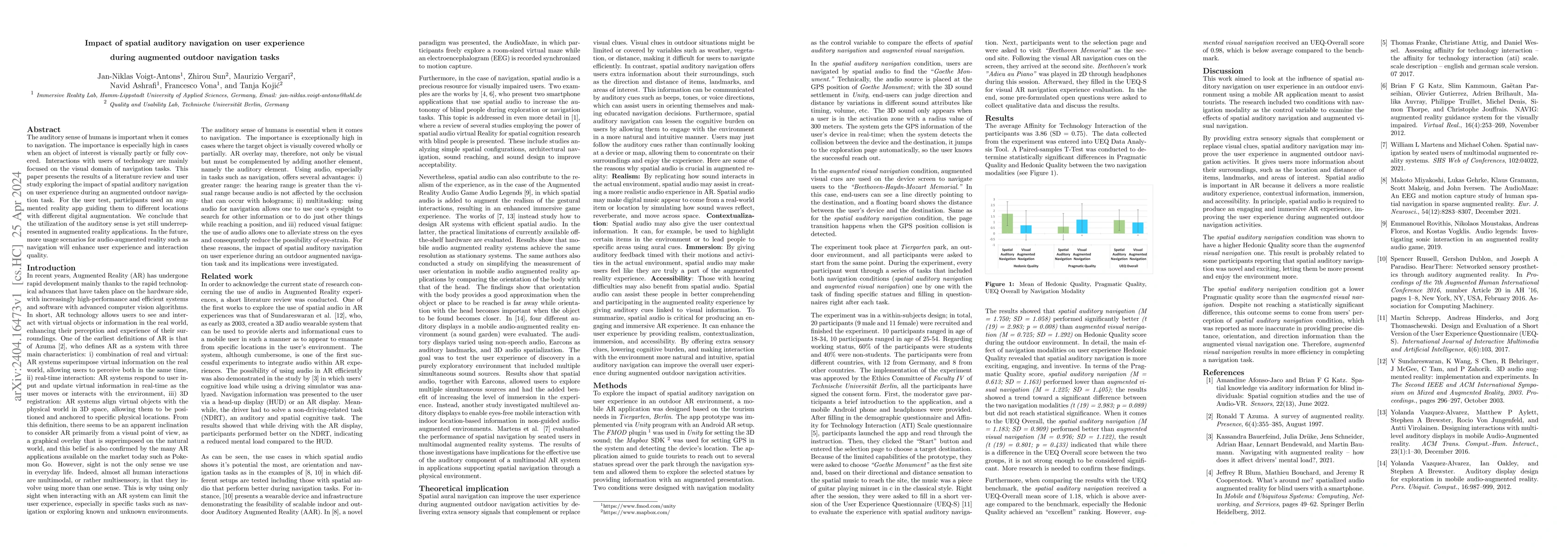 Thumbnail for Impact of spatial auditory navigation on user experience during
  augmented outdoor navigation tasks