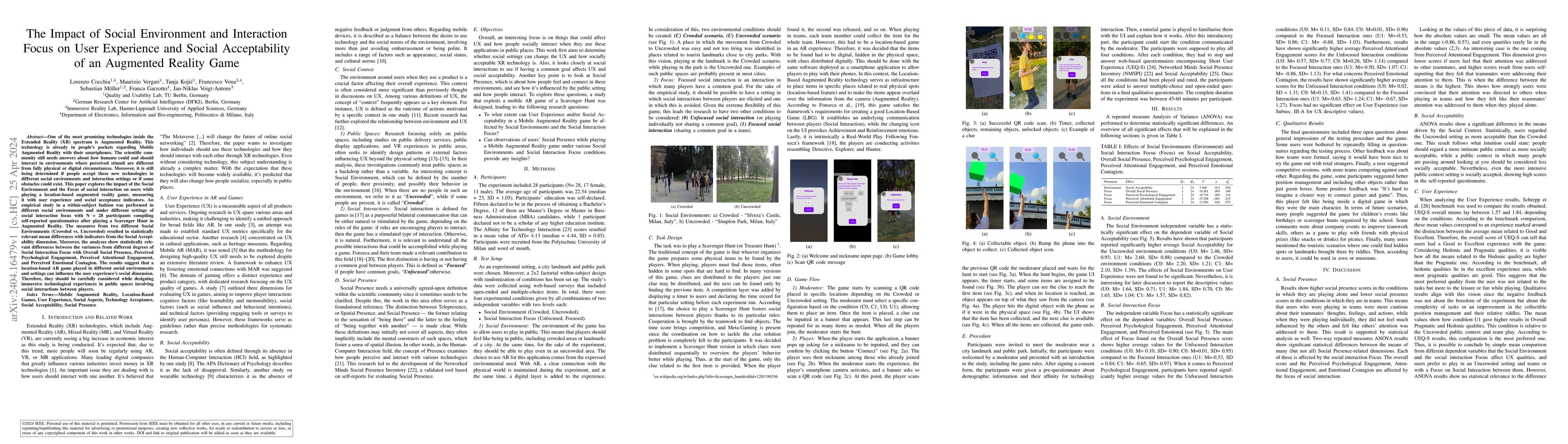 Thumbnail for The Impact of Social Environment and Interaction Focus on User
  Experience and Social Acceptability of an Augmented Reality Game