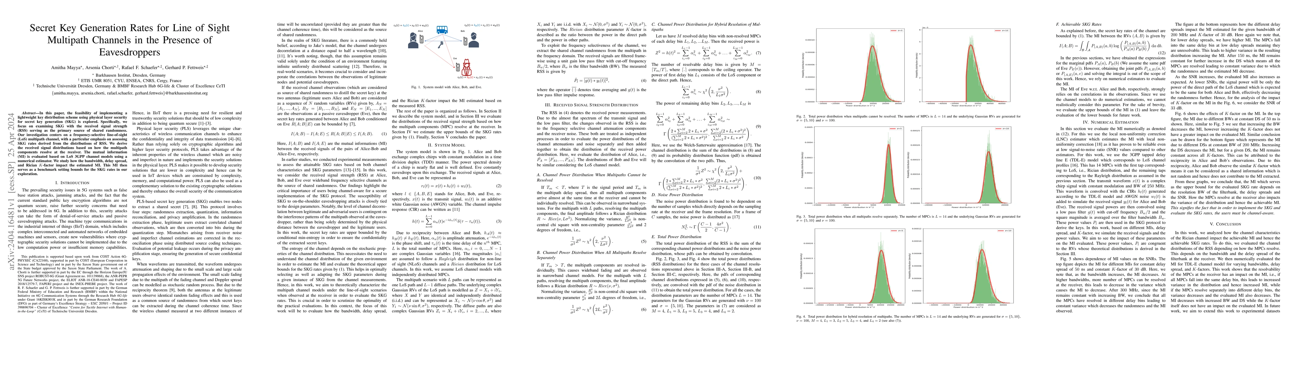 Thumbnail for Secret Key Generation Rates for Line of Sight Multipath Channels in the
  Presence of Eavesdroppers