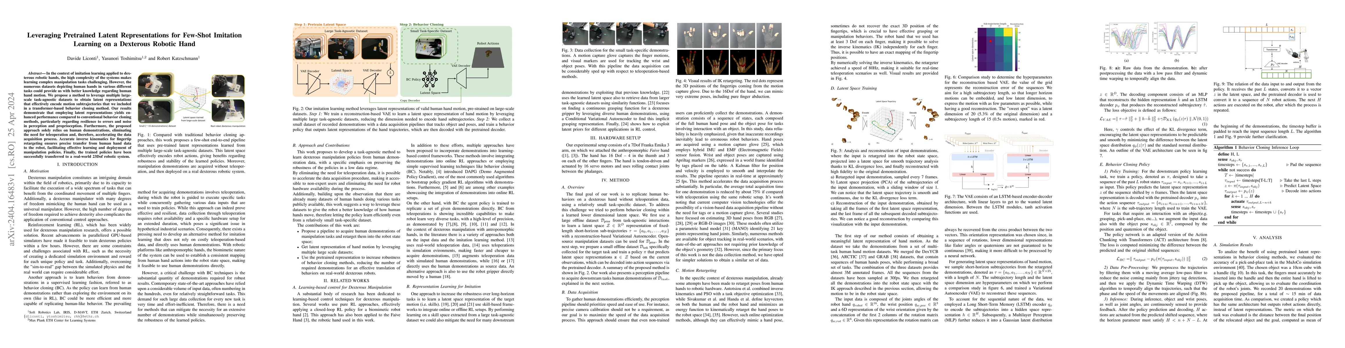 Thumbnail for Leveraging Pretrained Latent Representations for Few-Shot Imitation
  Learning on a Dexterous Robotic Hand