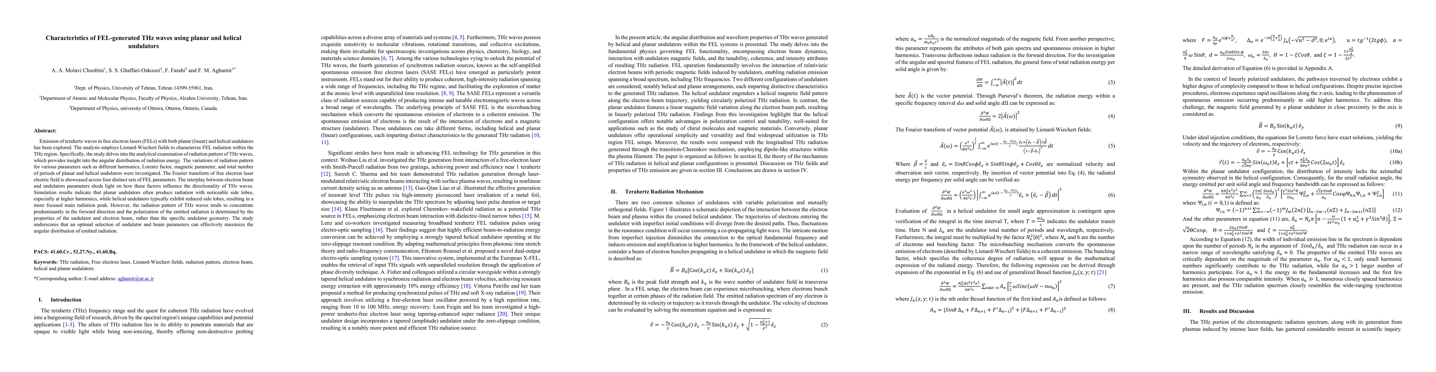 Thumbnail for Characteristics of FEL-generated THz waves using planar and helical
  undulators
