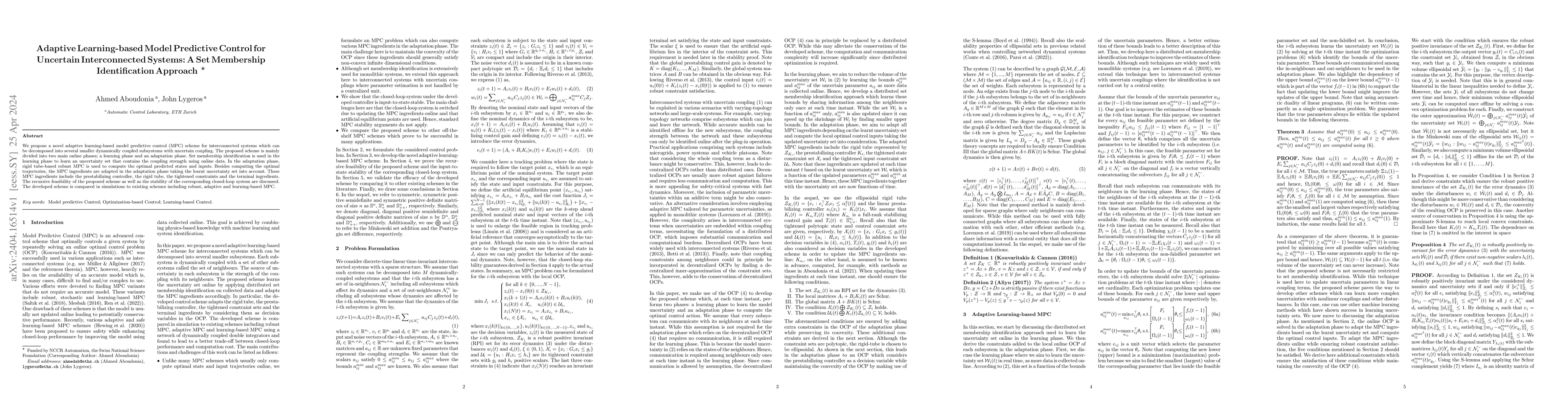 Thumbnail for Adaptive Learning-based Model Predictive Control for Uncertain
  Interconnected Systems: A Set Membership Identification Approach