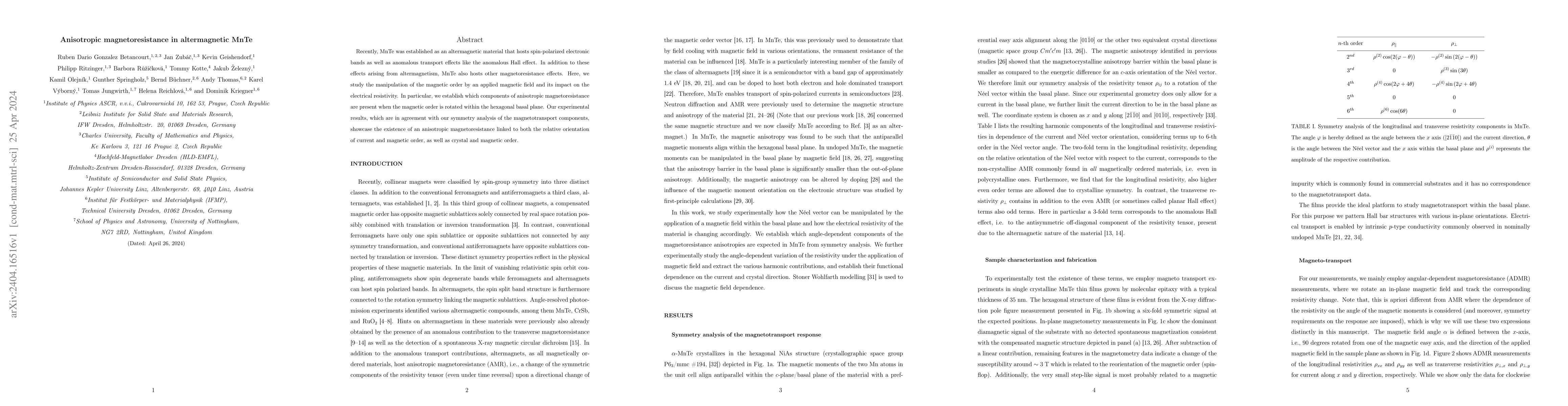 Thumbnail for Anisotropic magnetoresistance in altermagnetic MnTe
