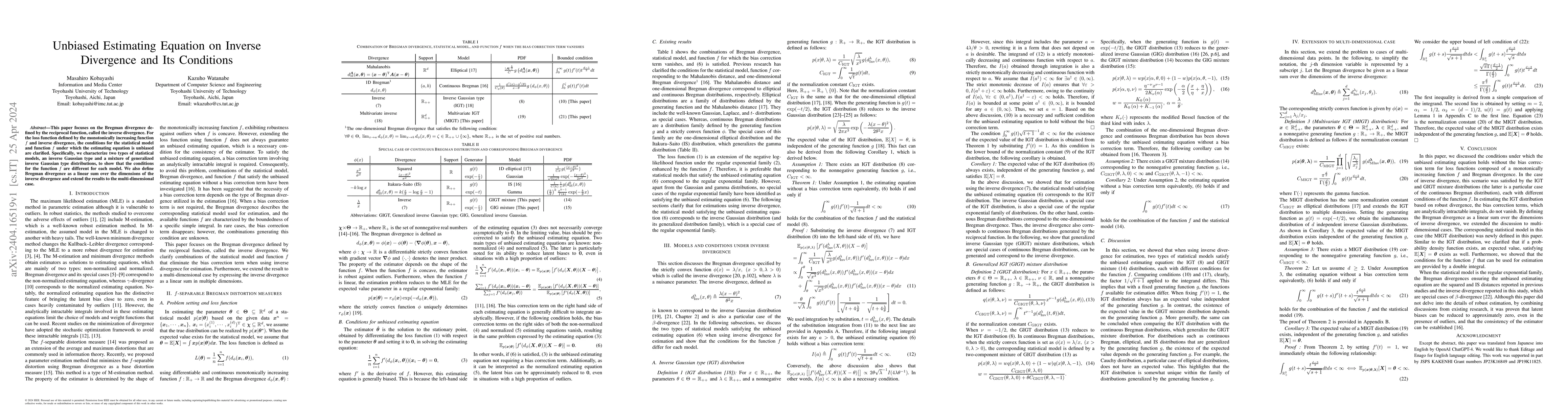 Thumbnail for Unbiased Estimating Equation on Inverse Divergence and Its Conditions