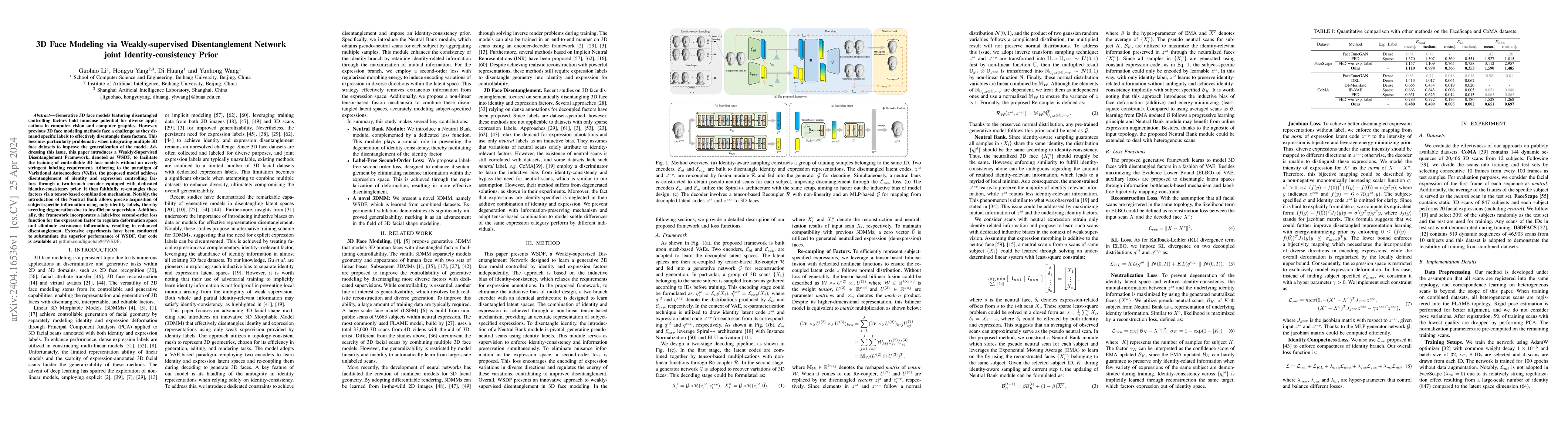 Thumbnail for 3D Face Modeling via Weakly-supervised Disentanglement Network joint
  Identity-consistency Prior