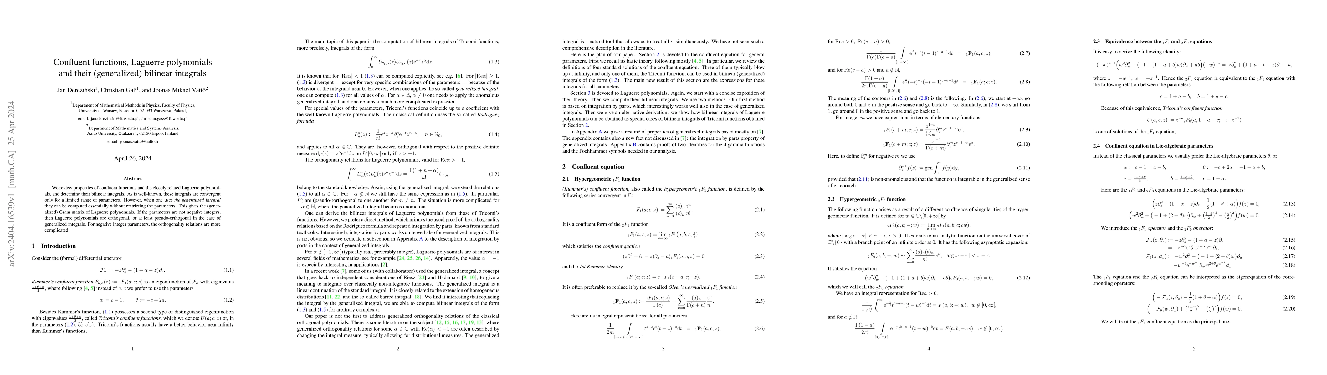 Thumbnail for Confluent functions, Laguerre polynomials and their (generalized)
  bilinear integrals