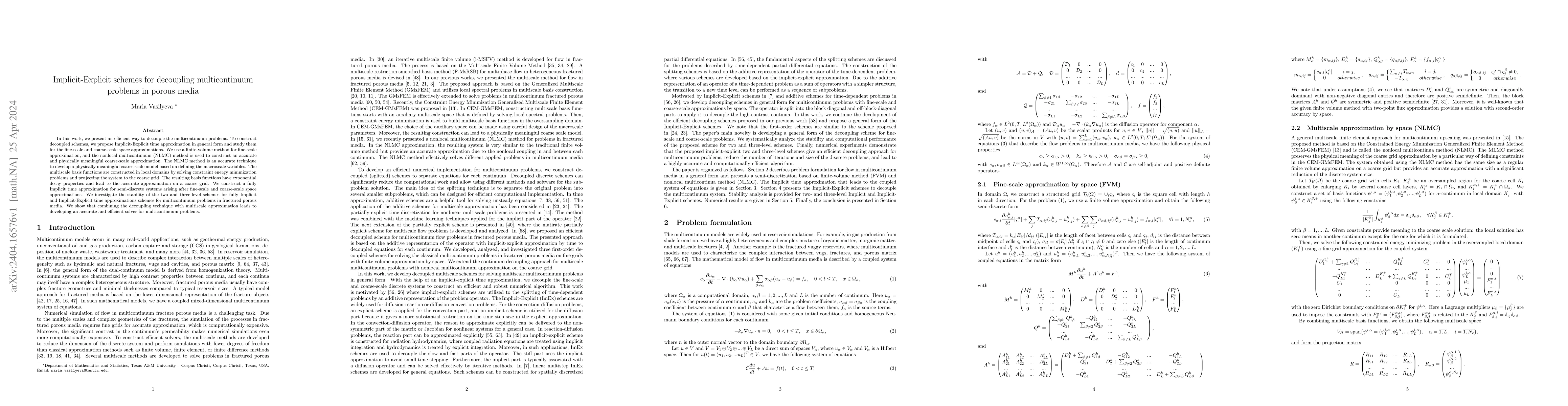Thumbnail for Implicit-Explicit schemes for decoupling multicontinuum problems in
  porous media