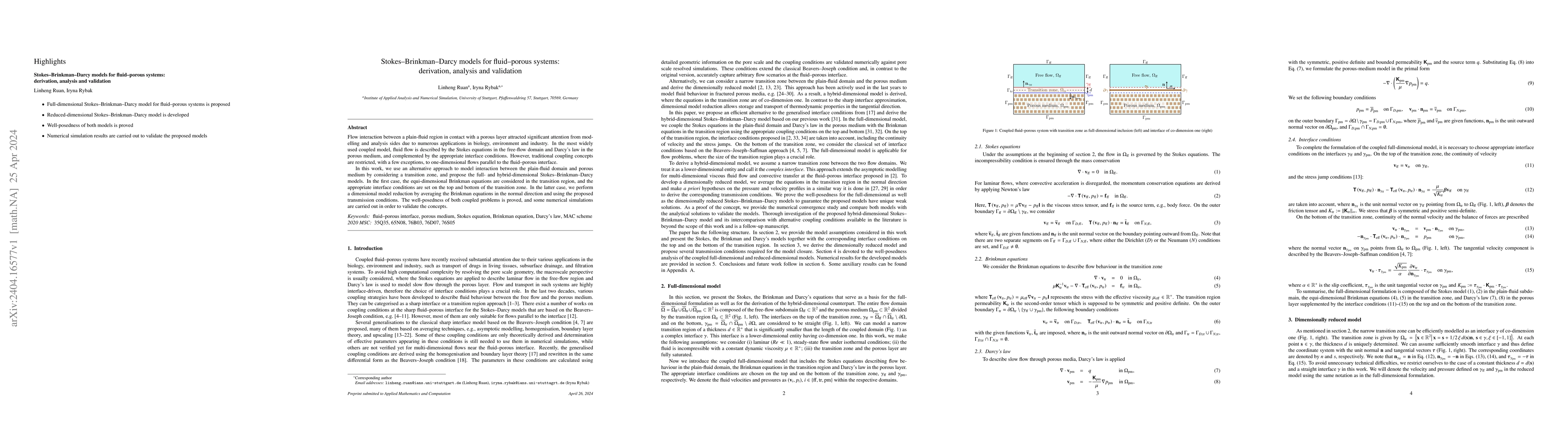 Thumbnail for Stokes-Brinkman-Darcy models for fluid-porous systems: derivation,
  analysis and validation