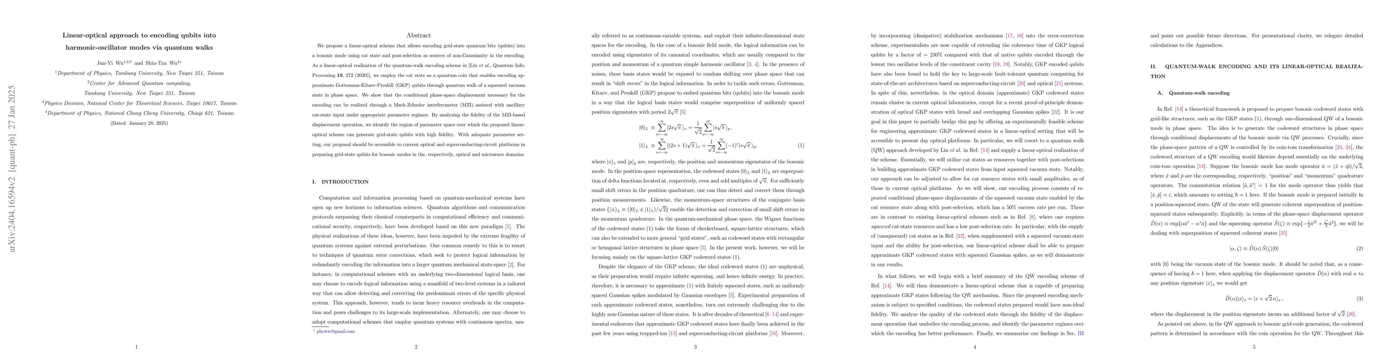 Thumbnail for Linear-optical approach to encoding qubits into harmonic-oscillator
  modes via quantum walks