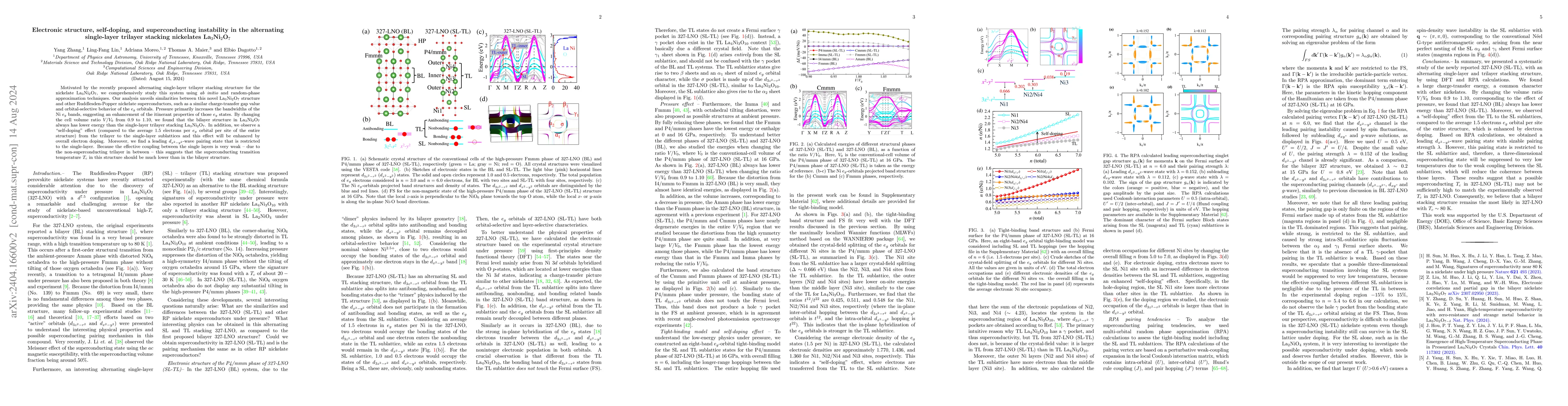 Thumbnail for Electronic structure, self-doping, and superconducting instability in
  the alternating single-layer trilayer stacking nickelates La$_3$Ni$_2$O$_7$