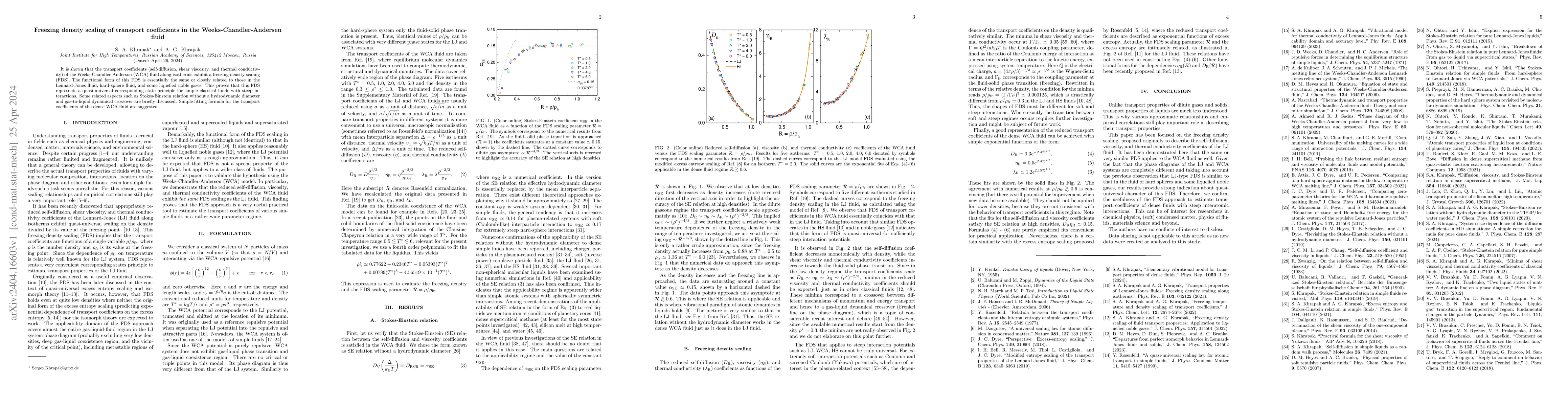 Thumbnail for Freezing density scaling of transport coefficients in the
  Weeks-Chandler-Andersen fluid