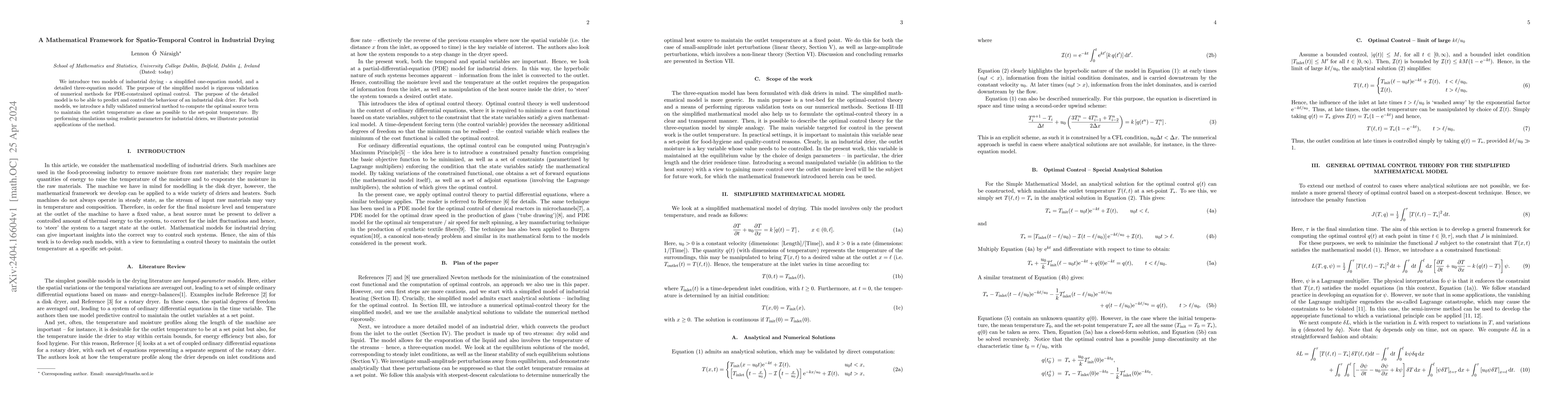 Thumbnail for A Mathematical Framework for Spatio-Temporal Control in Industrial
  Drying