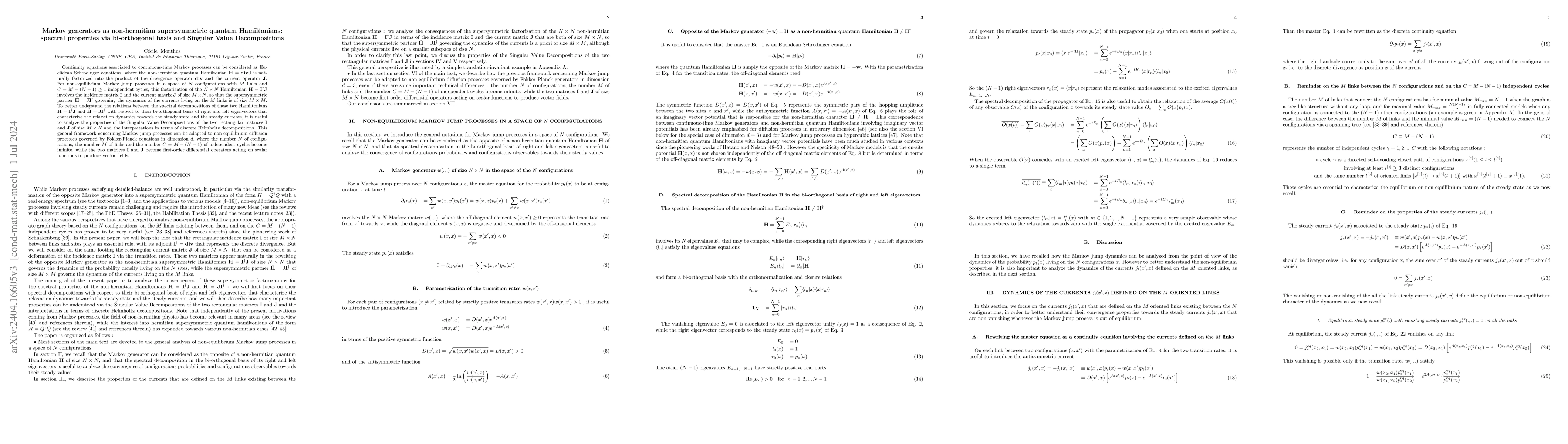 Thumbnail for Markov generators as non-hermitian supersymmetric quantum Hamiltonians:
  spectral properties via bi-orthogonal basis and Singular Value Decompositions
