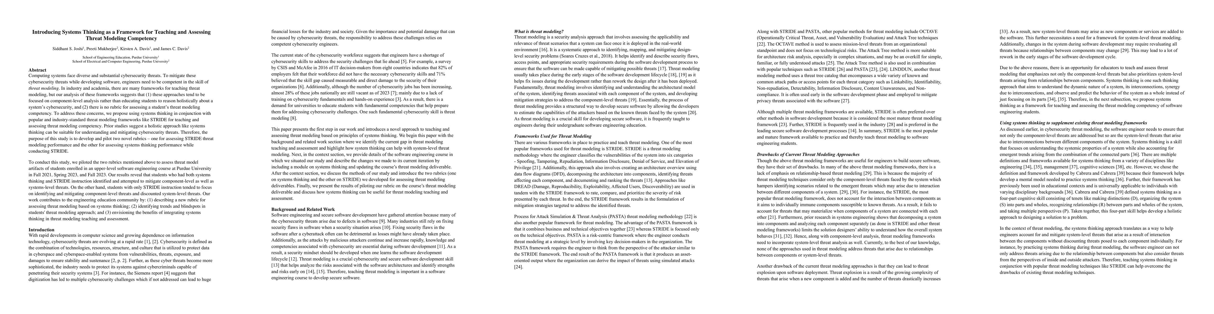 Thumbnail for Introducing Systems Thinking as a Framework for Teaching and Assessing
  Threat Modeling Competency