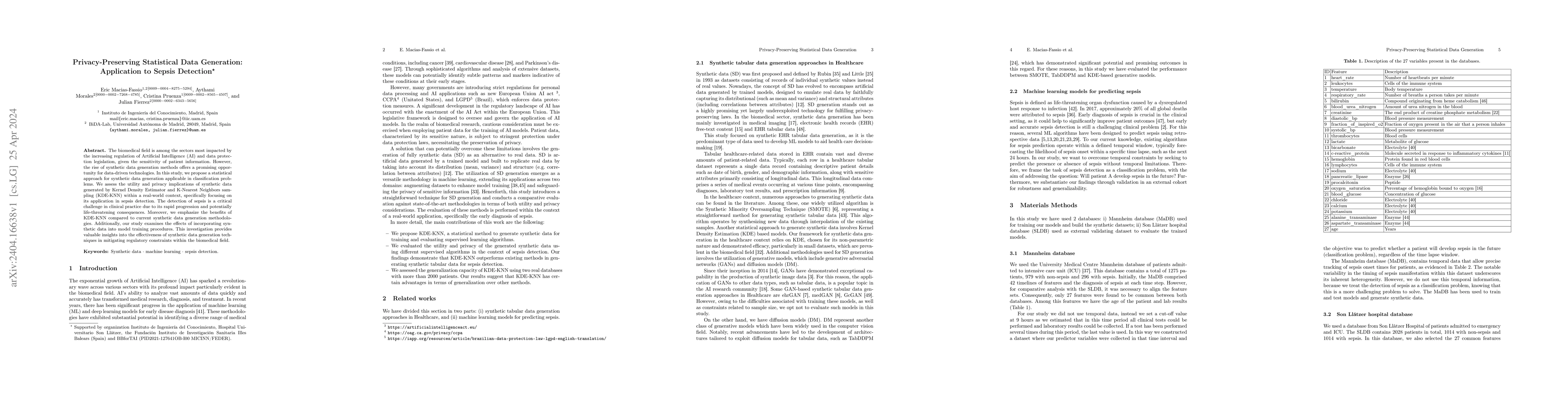 Thumbnail for Privacy-Preserving Statistical Data Generation: Application to Sepsis
  Detection