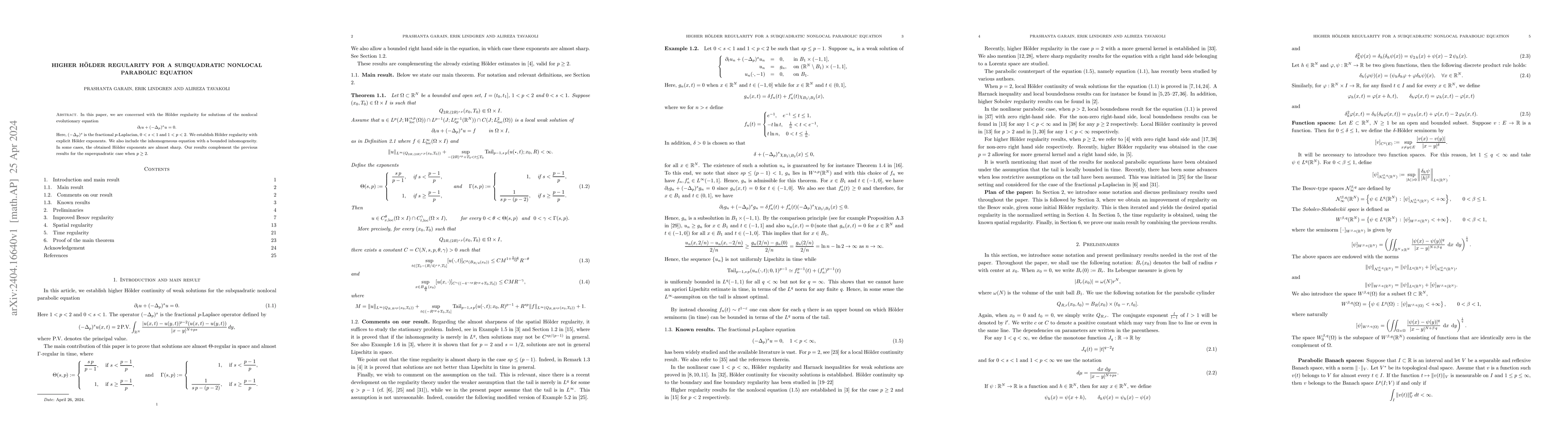 Thumbnail for Higher H\"older regularity for a subquadratic nonlocal parabolic
  equation