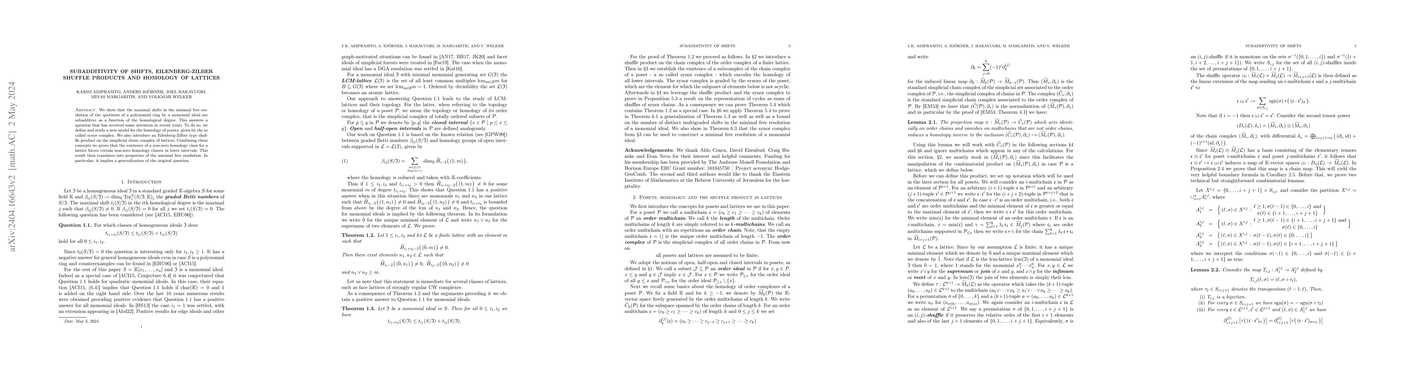 Thumbnail for Subadditivity of shifts, Eilenberg-Zilber shuffle products and homology
  of lattices