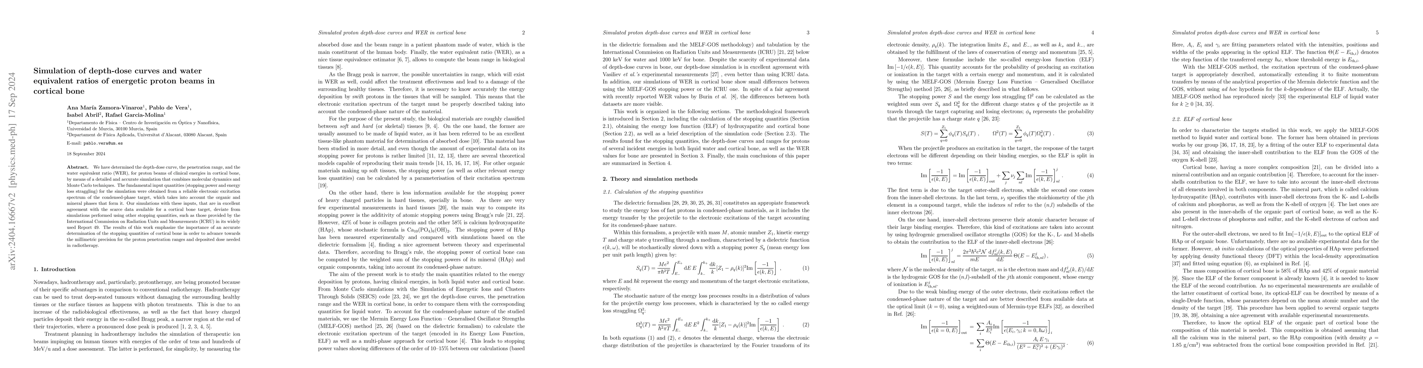 Thumbnail for Simulation of depth-dose curves and water equivalent ratios of energetic
  proton beams in cortical bone