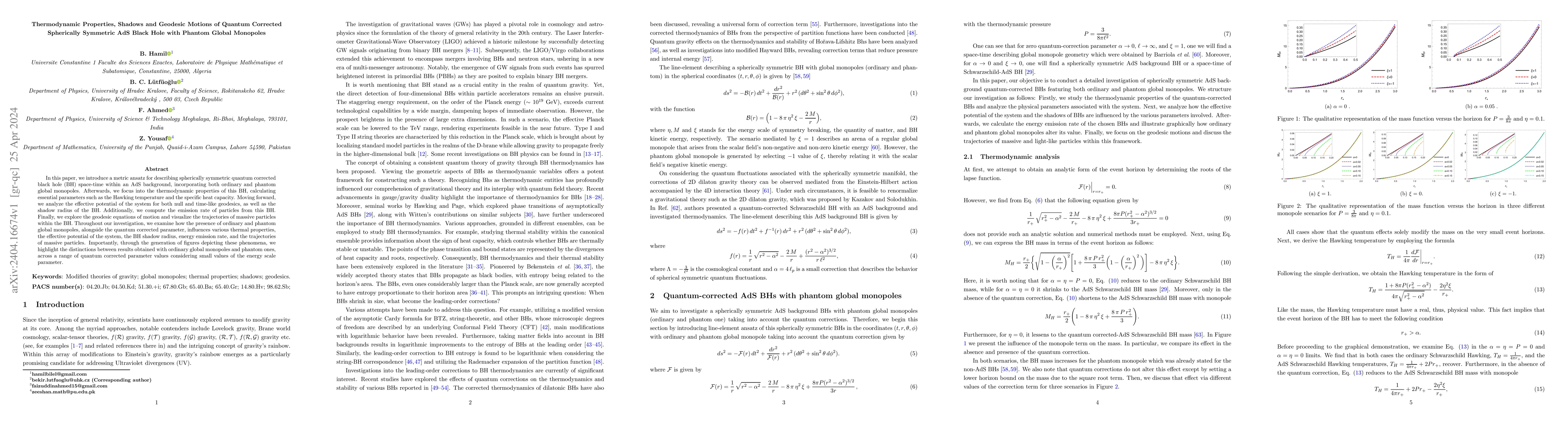 Thumbnail for Thermodynamic Properties, Shadows and Geodesic Motions of Quantum
  Corrected Spherically Symmetric AdS Black Hole with Phantom Global Monopoles