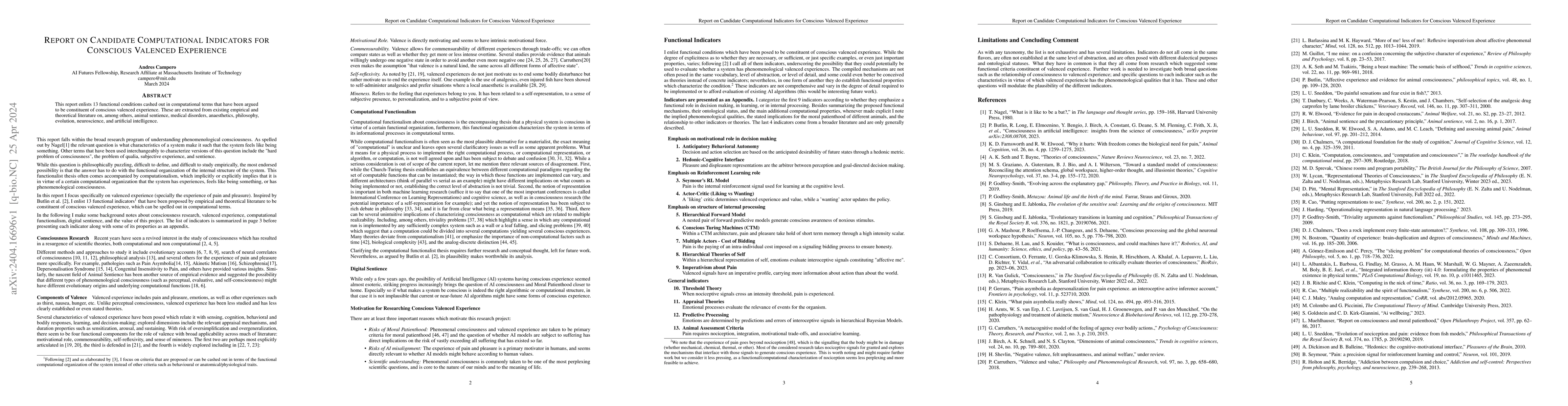 Thumbnail for Report on Candidate Computational Indicators for Conscious Valenced
  Experience