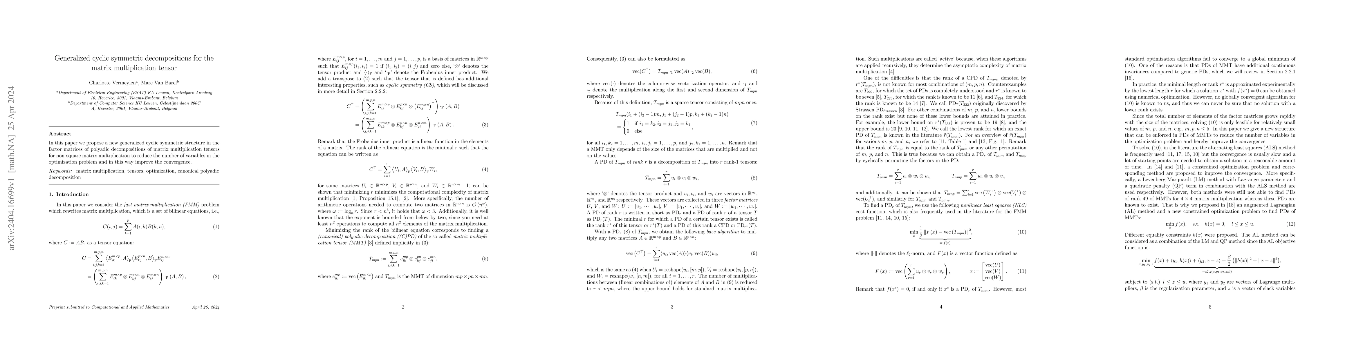 Thumbnail for Generalized cyclic symmetric decompositions for the matrix
  multiplication tensor
