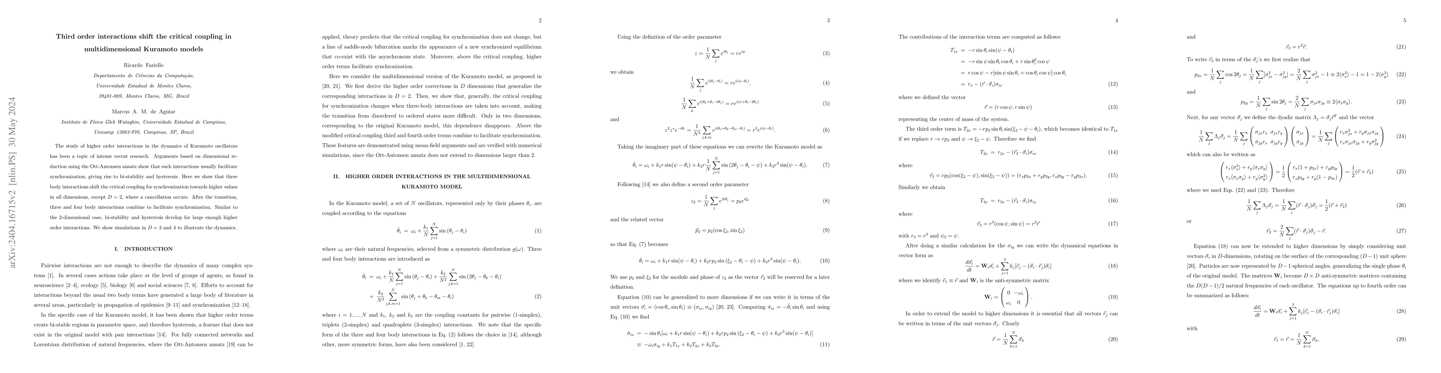 Thumbnail for Third order interactions shift the critical coupling in multidimensional
  Kuramoto models