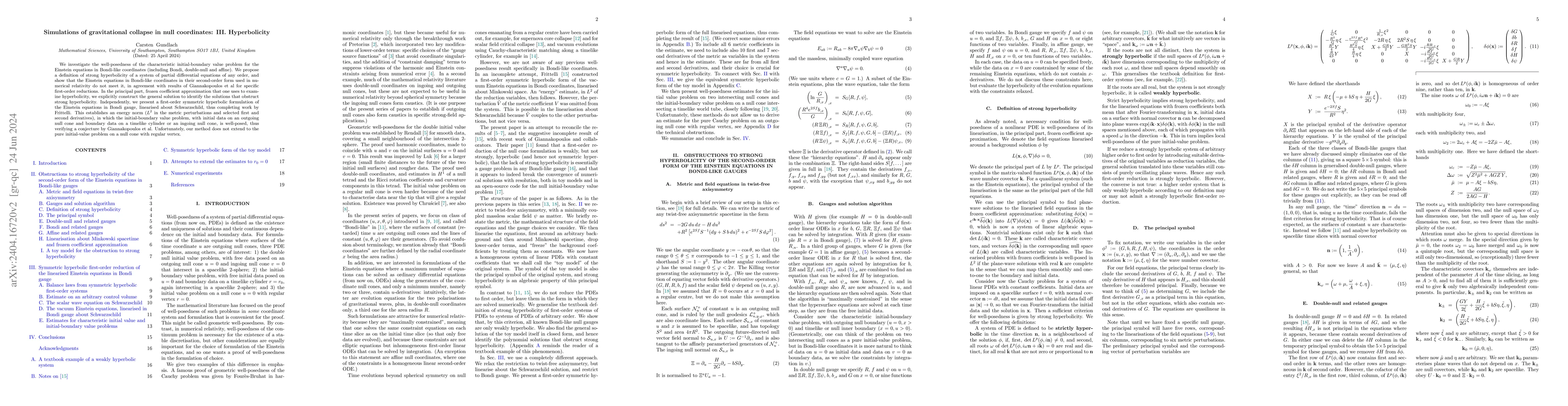Thumbnail for Simulations of gravitational collapse in null coordinates: III.
  Hyperbolicity