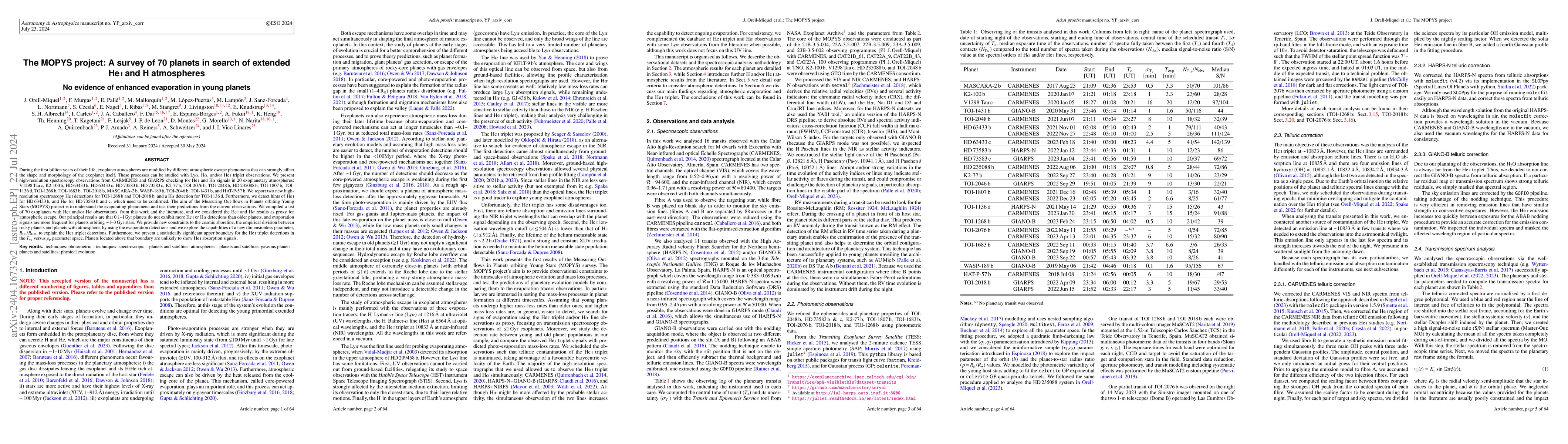 Thumbnail for The MOPYS project: A survey of 70 planets in search of extended He I and
  H atmospheres. No evidence of enhanced evaporation in young planets