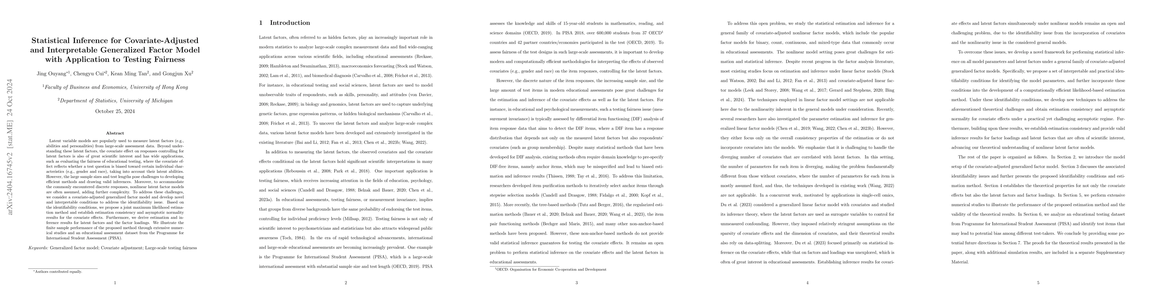Thumbnail for Statistical Inference for Covariate-Adjusted and Interpretable
  Generalized Factor Model with Application to Testing Fairness