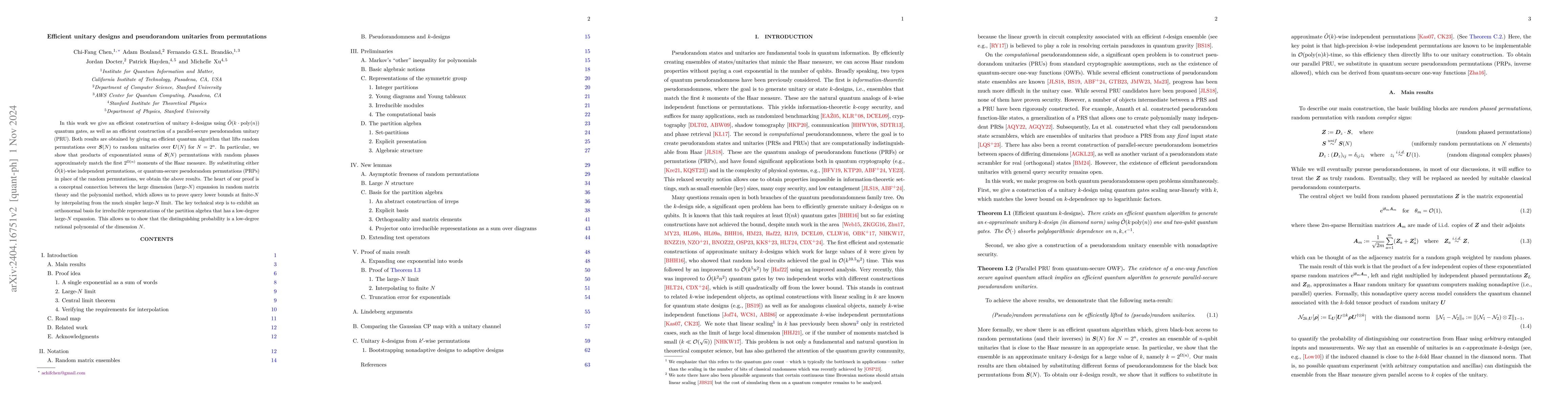 Thumbnail for Efficient unitary designs and pseudorandom unitaries from permutations