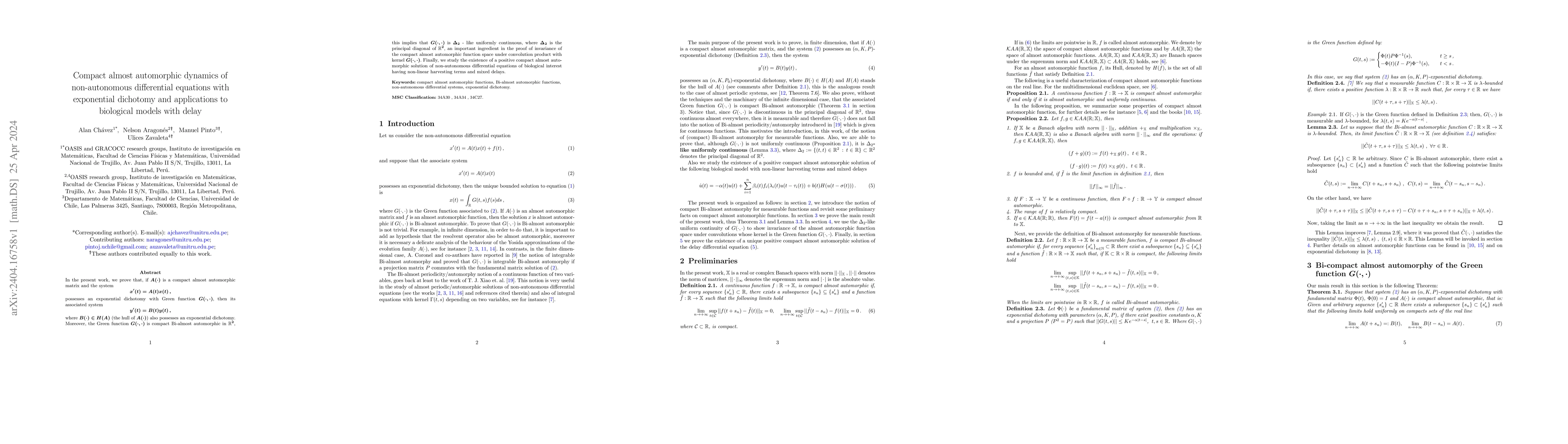 Thumbnail for Compact almost automorphic dynamics of non-autonomous differential
  equations with exponential dichotomy and applications to biological models
  with delay
