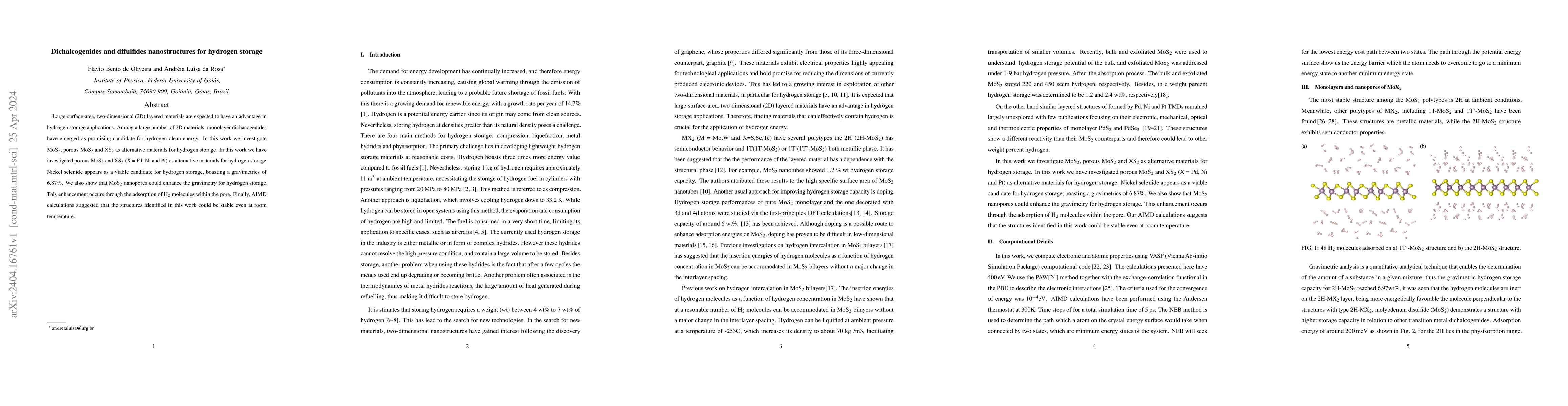 Thumbnail for Dichalcogenides and difulfides nanostructures for hydrogen storage