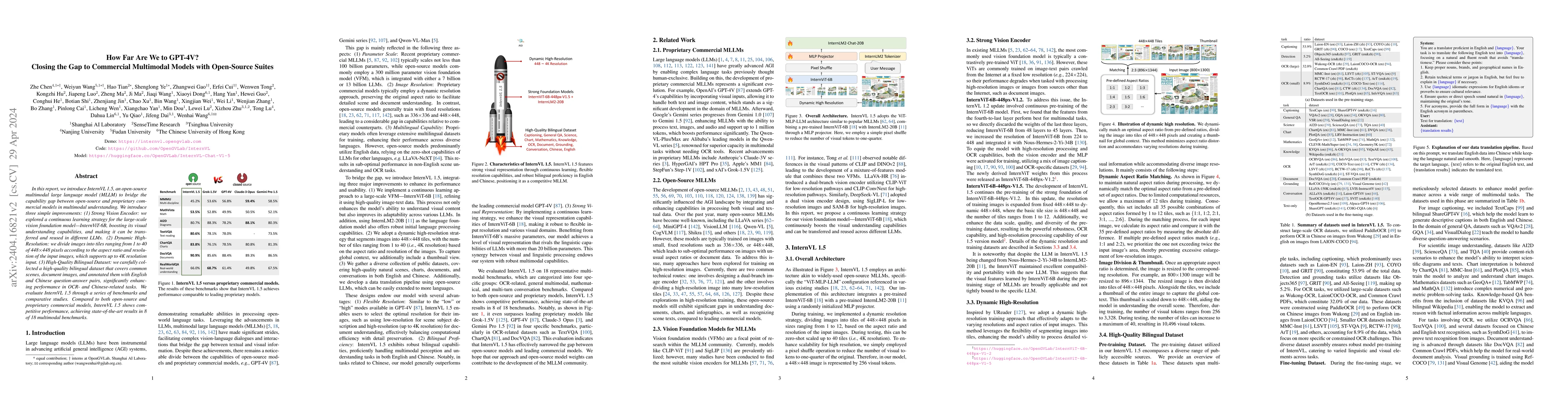 Thumbnail for How Far Are We to GPT-4V? Closing the Gap to Commercial Multimodal
  Models with Open-Source Suites