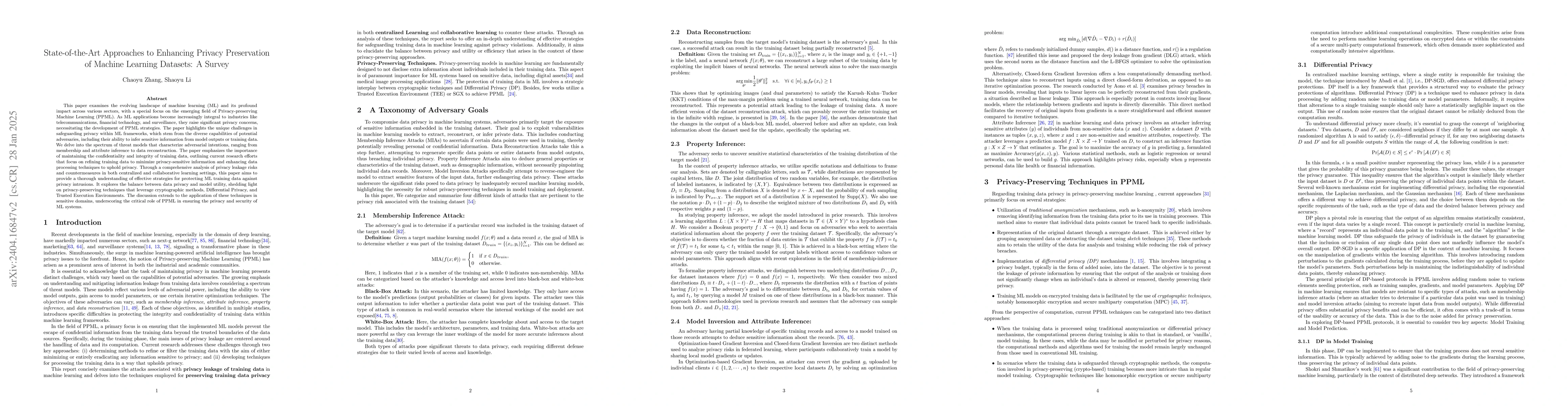 Thumbnail for State-of-the-Art Approaches to Enhancing Privacy Preservation of Machine
  Learning Datasets: A Survey