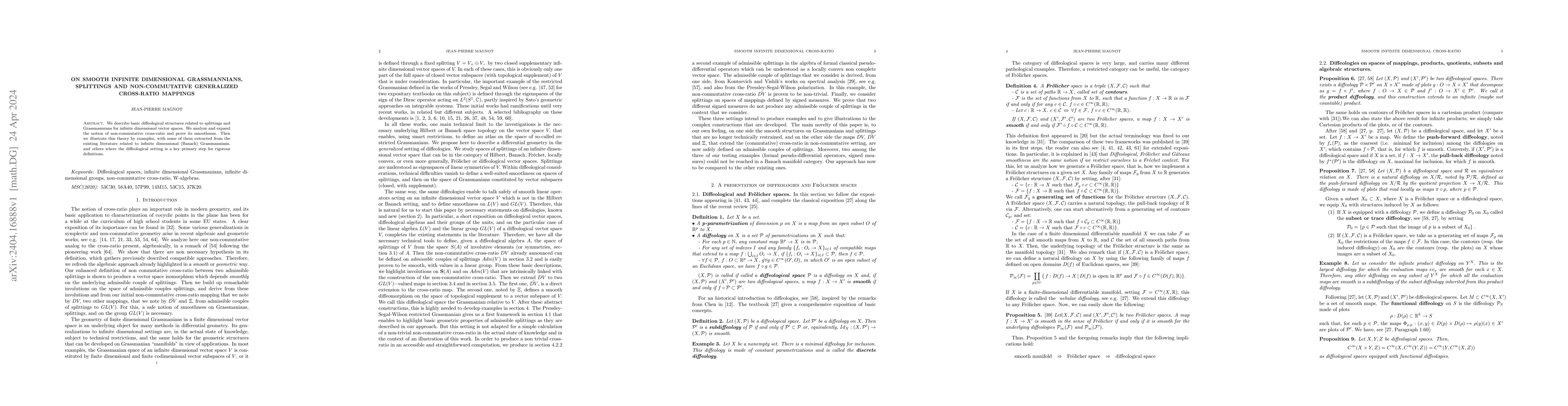 Thumbnail for On smooth infinite dimensional grassmannians, splittings and
  non-commutative generalized cross-ratio mappings