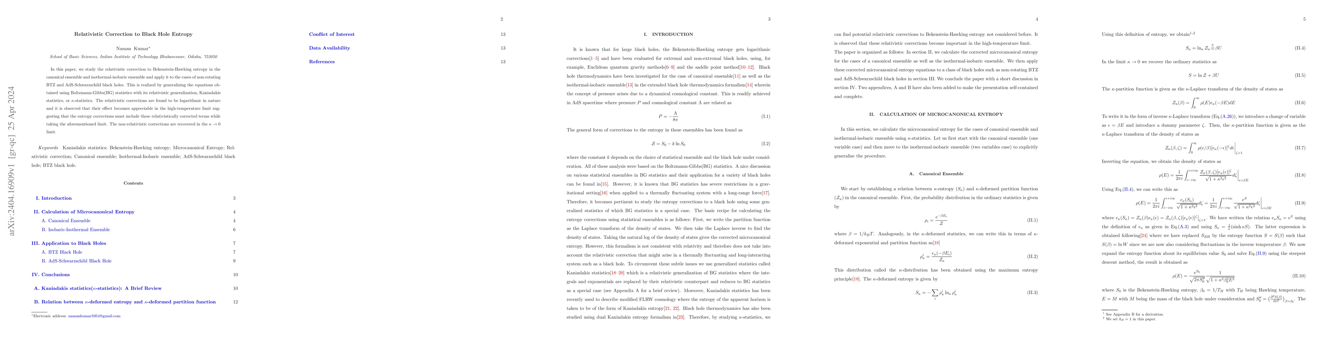 Thumbnail for Relativistic Correction to Black Hole Entropy
