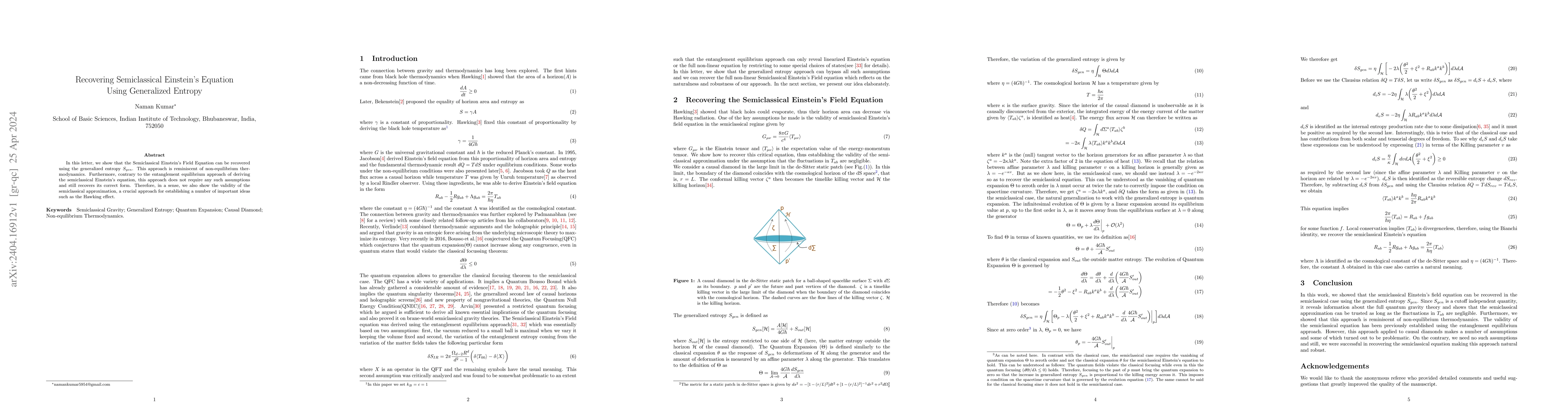 Thumbnail for Recovering semiclassical Einstein's equation using generalized entropy