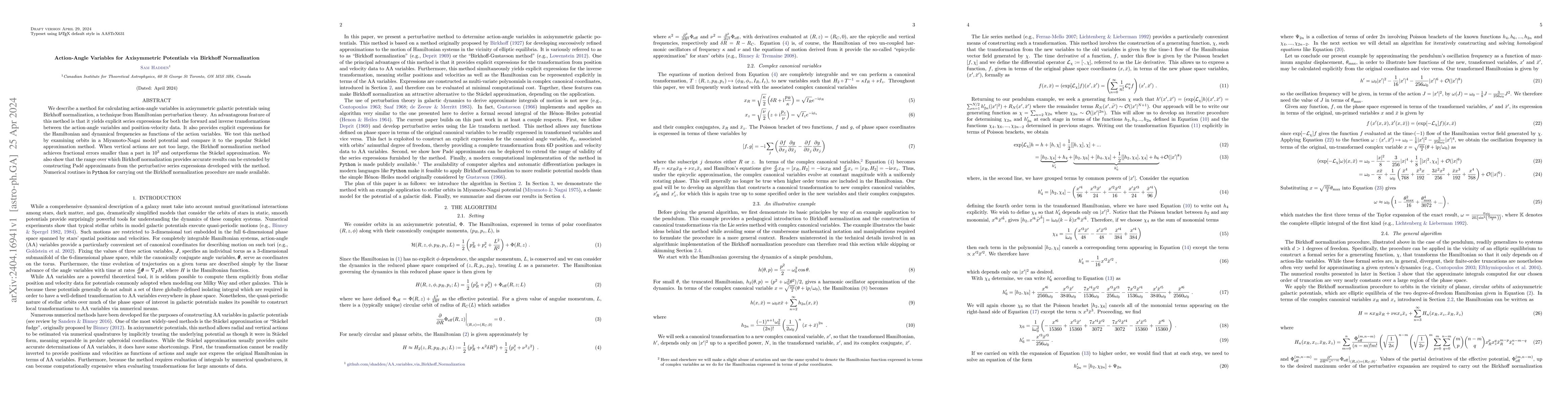 Thumbnail for Action-Angle Variables for Axisymmetric Potentials via Birkhoff
  Normalization