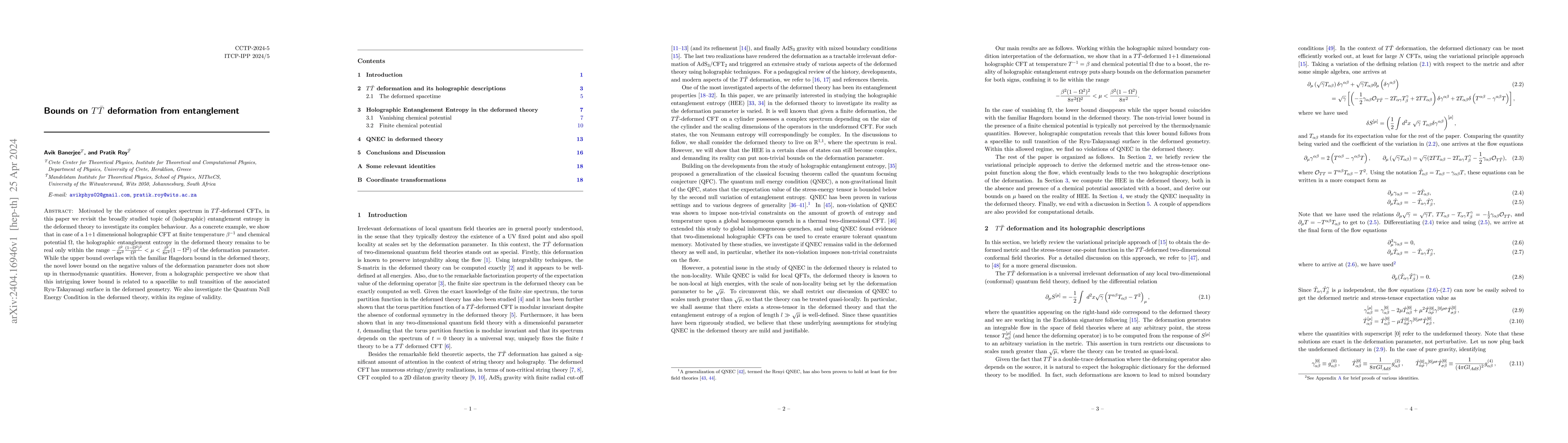 Thumbnail for Bounds on $T\bar {T}$ deformation from entanglement
