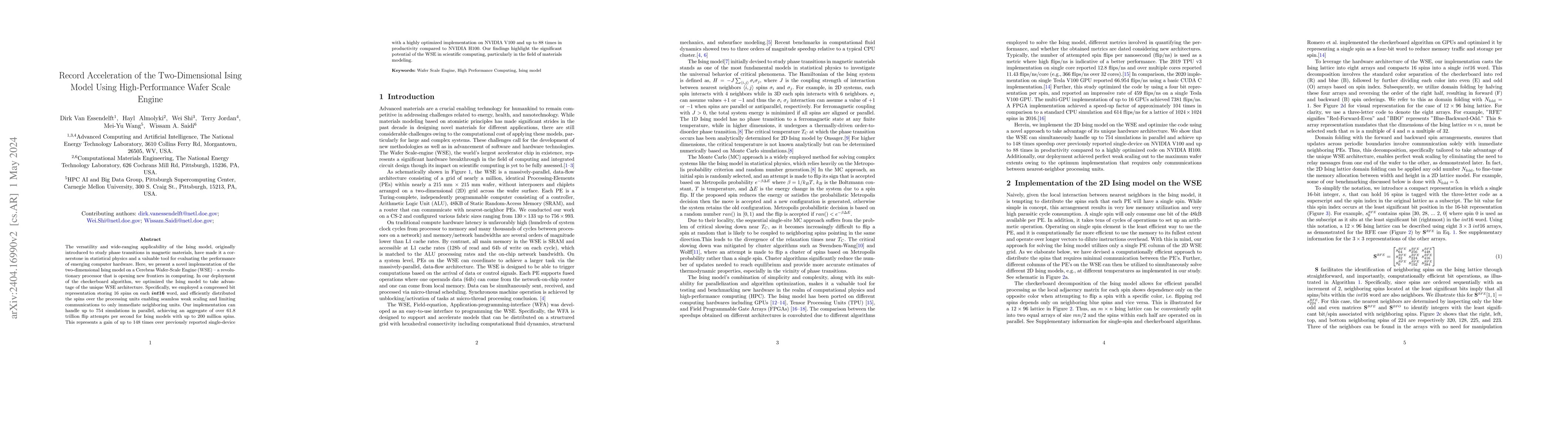 Thumbnail for Record Acceleration of the Two-Dimensional Ising Model Using
  High-Performance Wafer Scale Engine