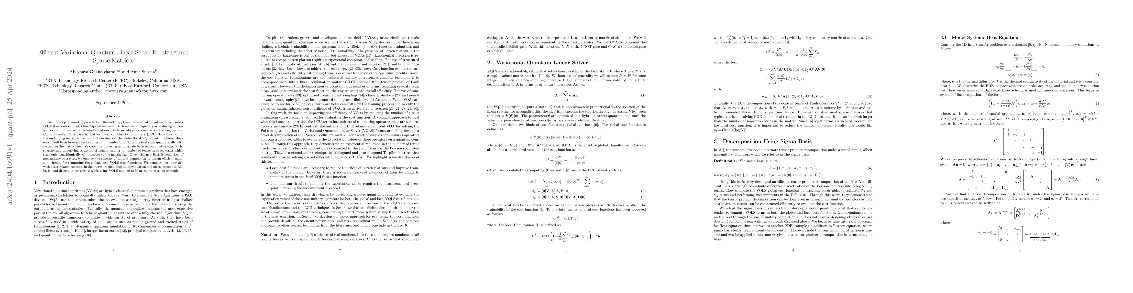 Thumbnail for Efficient Variational Quantum Linear Solver for Structured Sparse
  Matrices