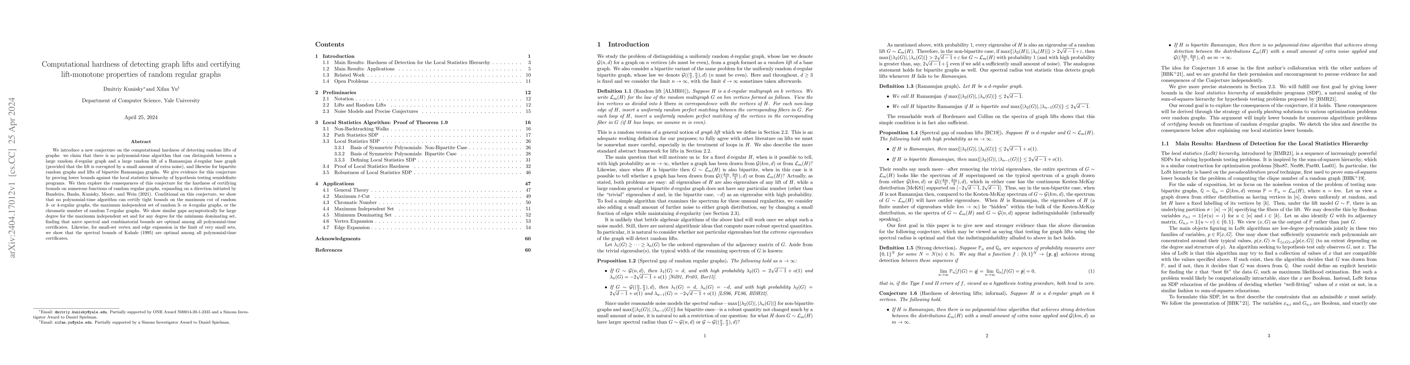 Thumbnail for Computational hardness of detecting graph lifts and certifying
  lift-monotone properties of random regular graphs