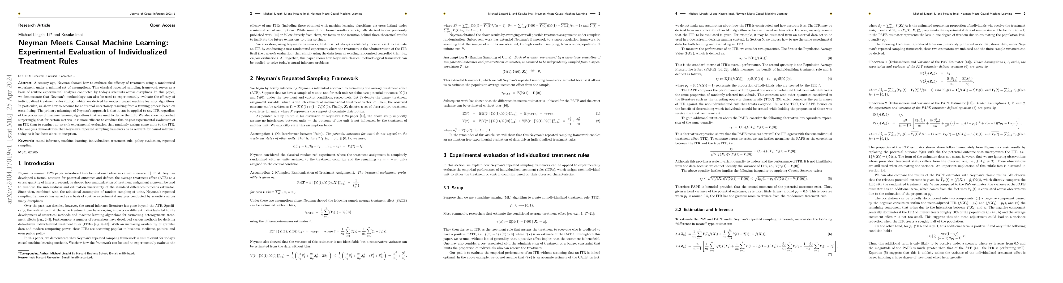 Thumbnail for Neyman Meets Causal Machine Learning: Experimental Evaluation of
  Individualized Treatment Rules