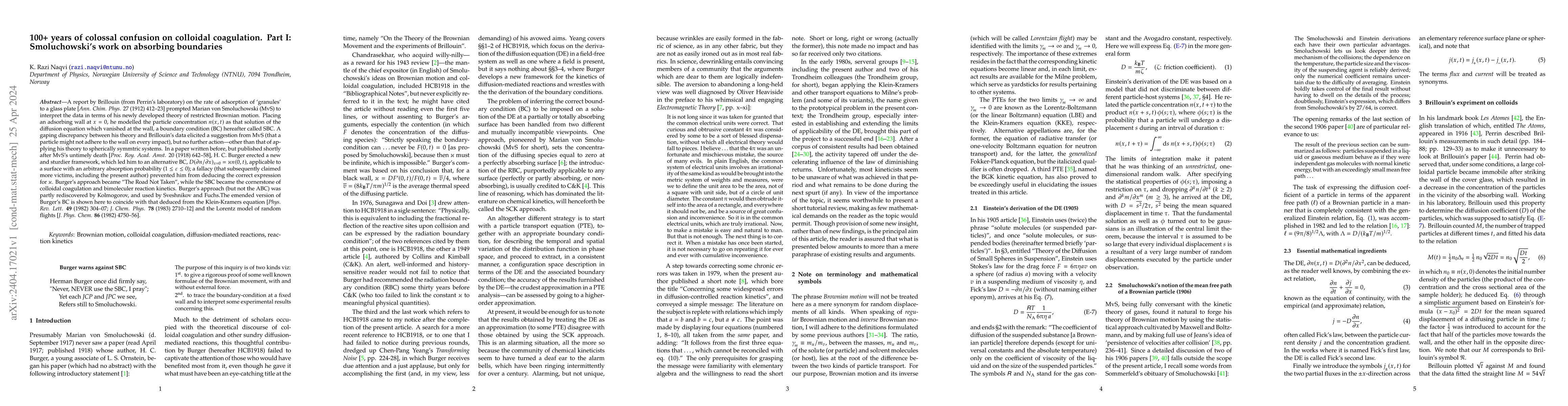 Thumbnail for 100+ years of colossal confusion on colloidal coagulation. Part I:
  Smoluchowski's work on absorbing boundaries