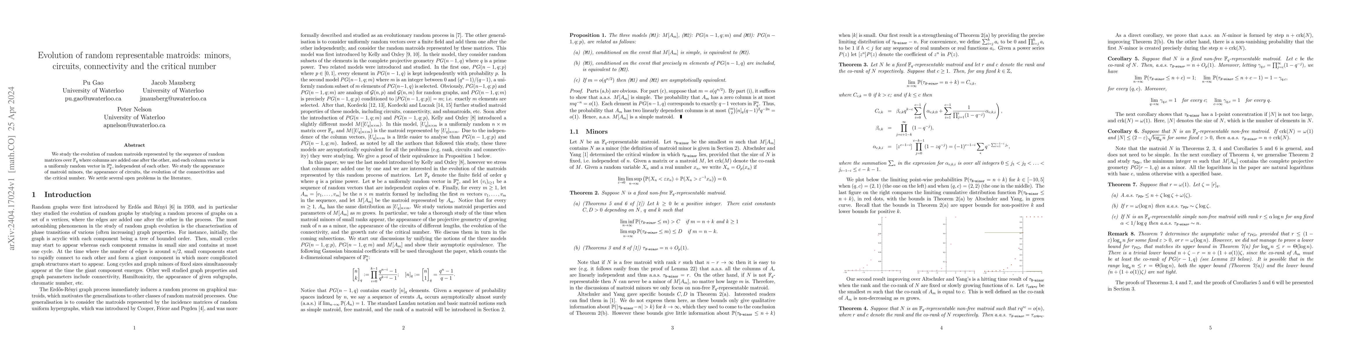 Thumbnail for Evolution of random representable matroids: minors, circuits,
  connectivity and the critical number
