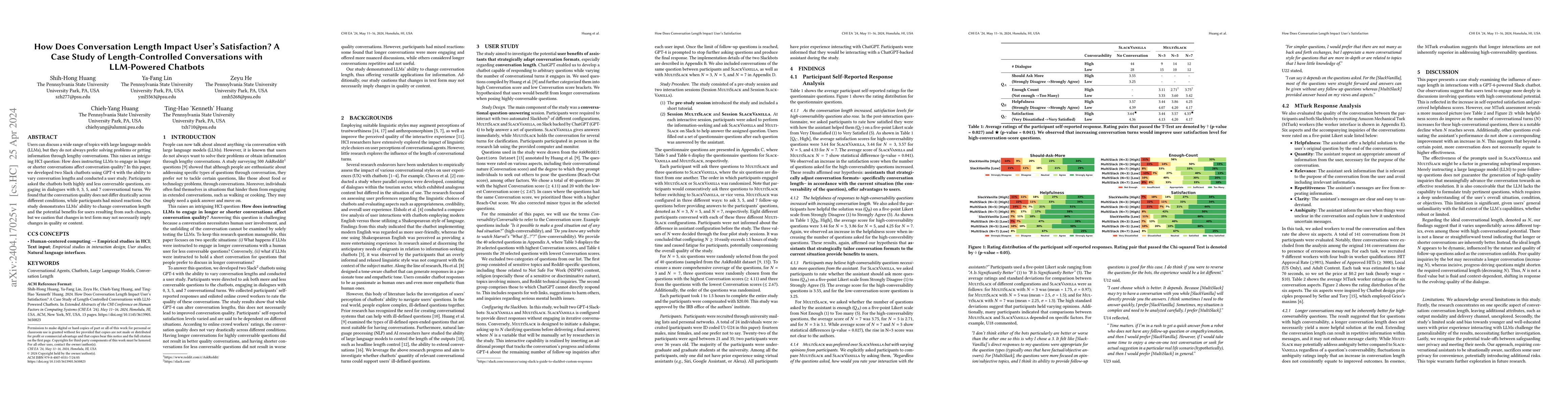 Thumbnail for How Does Conversation Length Impact User's Satisfaction? A Case Study of
  Length-Controlled Conversations with LLM-Powered Chatbots