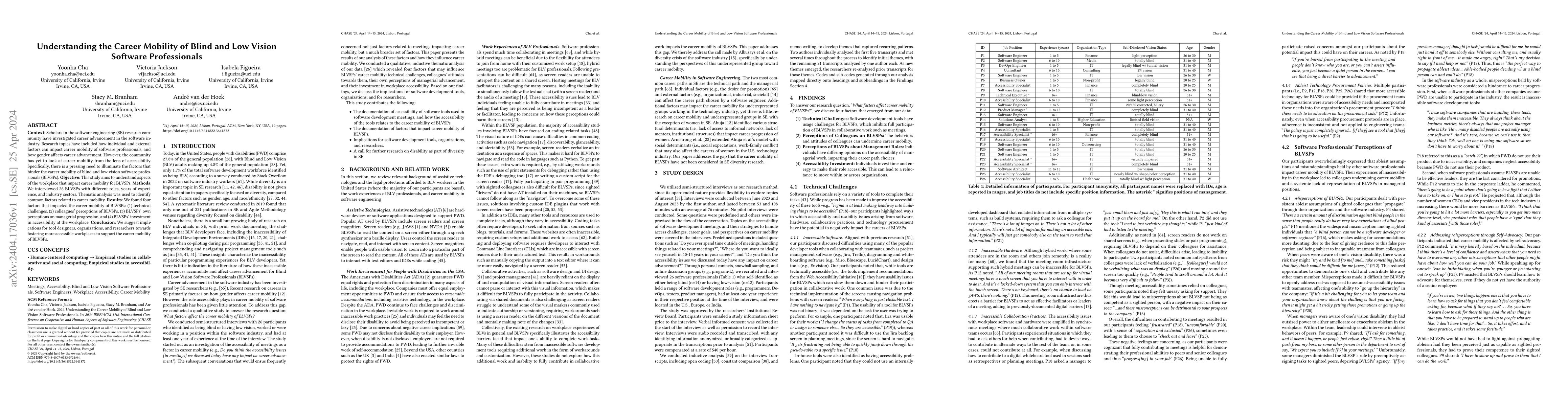Thumbnail for Understanding the Career Mobility of Blind and Low Vision Software
  Professionals