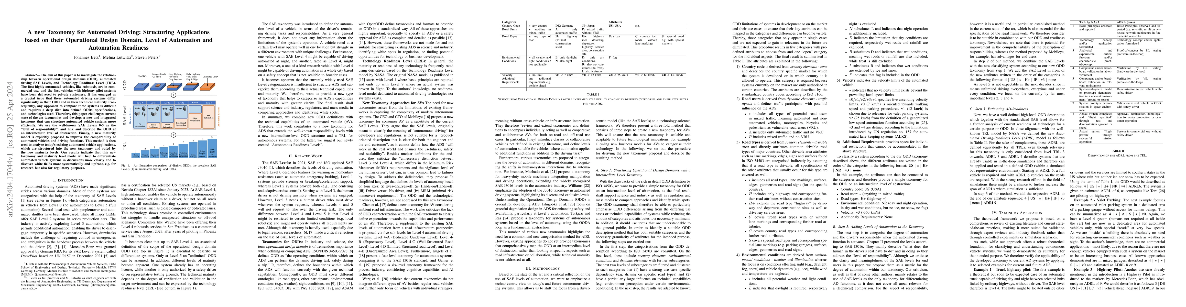 Thumbnail for A new Taxonomy for Automated Driving: Structuring Applications based on
  their Operational Design Domain, Level of Automation and Automation Readiness