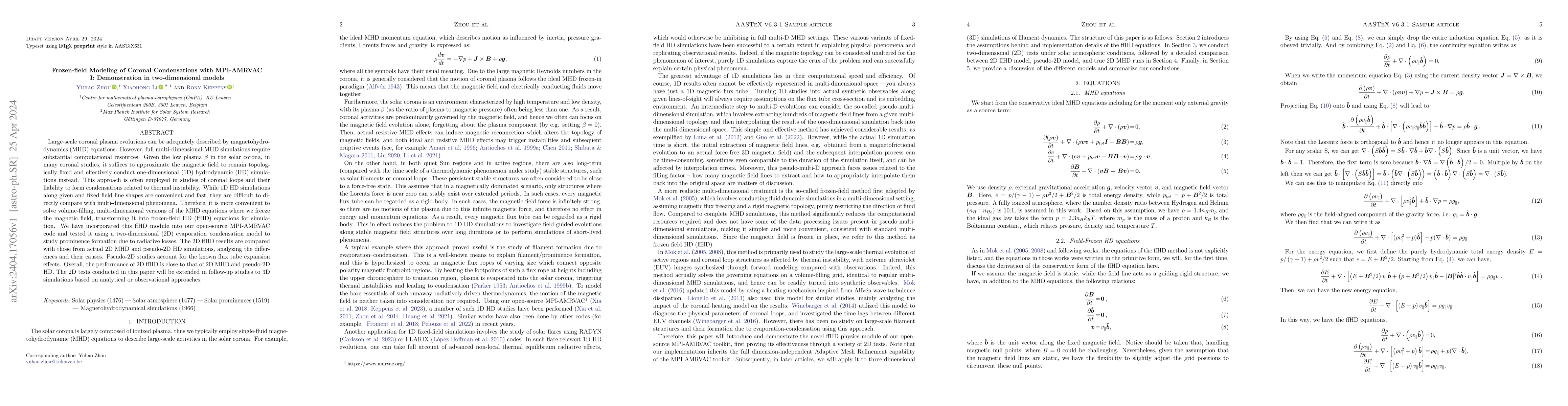 Thumbnail for Frozen-field Modeling of Coronal Condensations with MPI-AMRVAC I:
  Demonstration in two-dimensional models
