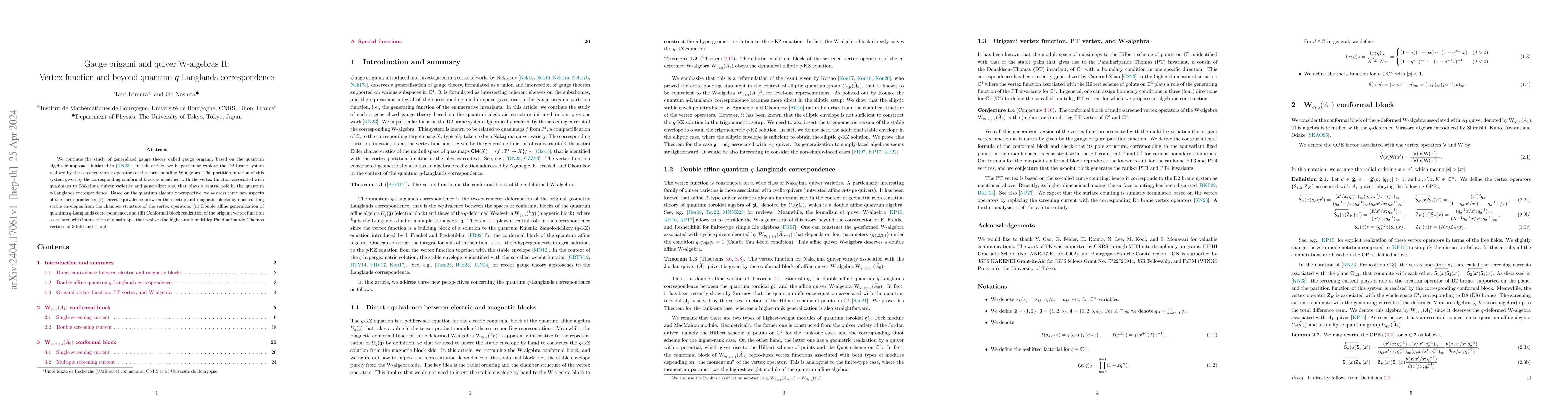 Thumbnail for Gauge origami and quiver W-algebras II: Vertex function and beyond
  quantum $q$-Langlands correspondence
